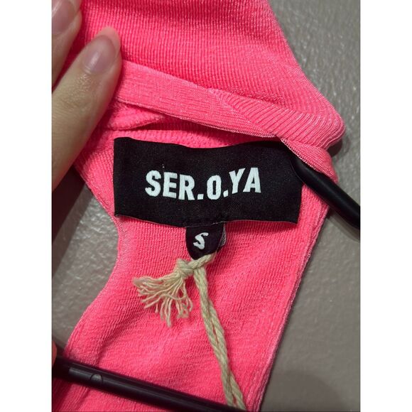 NWT SER.O.YA Delta Neon Pink High Neck Bodycon Ruched Dress Women's Small - Picture 3 of 12